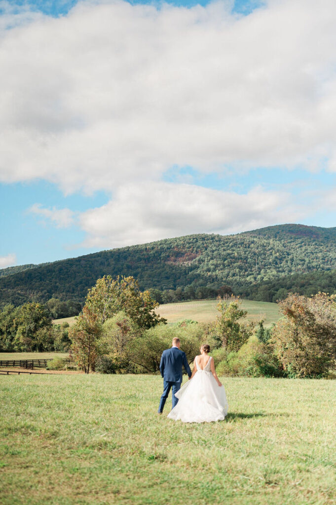 A couple holding hands, walking through a grassy field with a mountain landscape in the distance