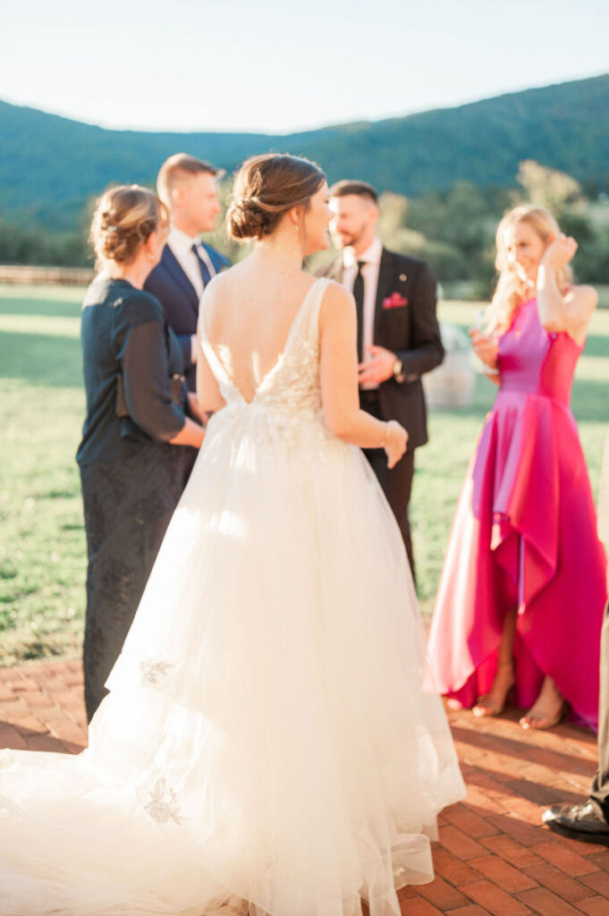 A bride viewed from behind, talking to wedding guests in a sundown setting, showcasing the back detail of her wedding dress